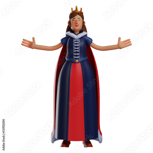  3D illustration. Cartoon Queen 3D showing her charismatic powers. with both arms wide open. showing a cute smile. 3D Cartoon Character