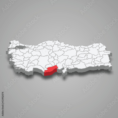 Mersin region location within Turkey 3d map