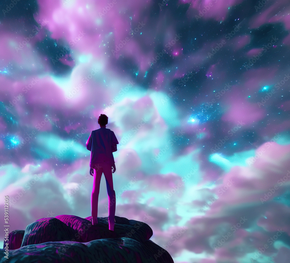 Man standing against white violet clouds on a starry sky. 3D illustration in a retro futuristic style of 80's. Synthwave dream poster. Fantasy wallpaper.