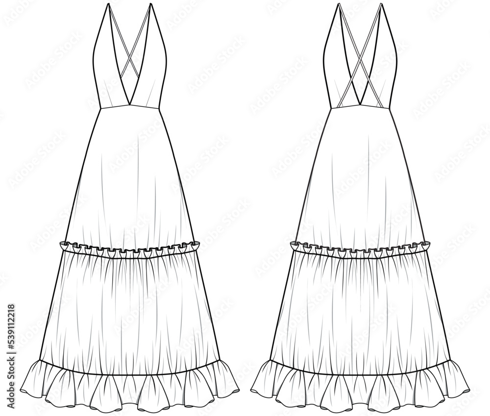 Premium Vector | Fashion technical drawing of long sleeveless dress fashion flat  sketch