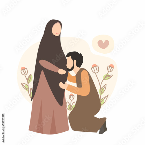 illustration of muslim husband kissing the belly of his pregnant wife