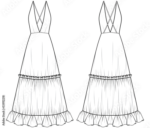 womens v neck long prom dress, evening gown with open back fashion flat sketch vector illustration, front and back view technical drawing template. cad mockup.