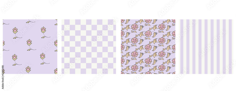 Set of delicate paisley flowers and geometric seamless patterns.