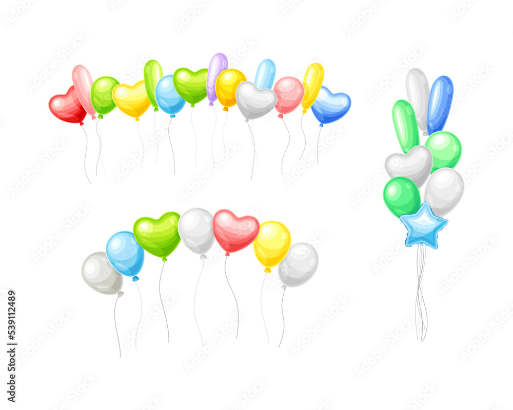 Bunch of Colorful Balloons Inflated with Helium on Strings Vector Set