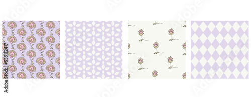 Set of floral and geometric seamless patterns. Lilac and white colours.