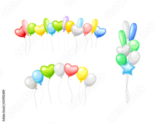 Bunch of Colorful Balloons Inflated with Helium on Strings Vector Set