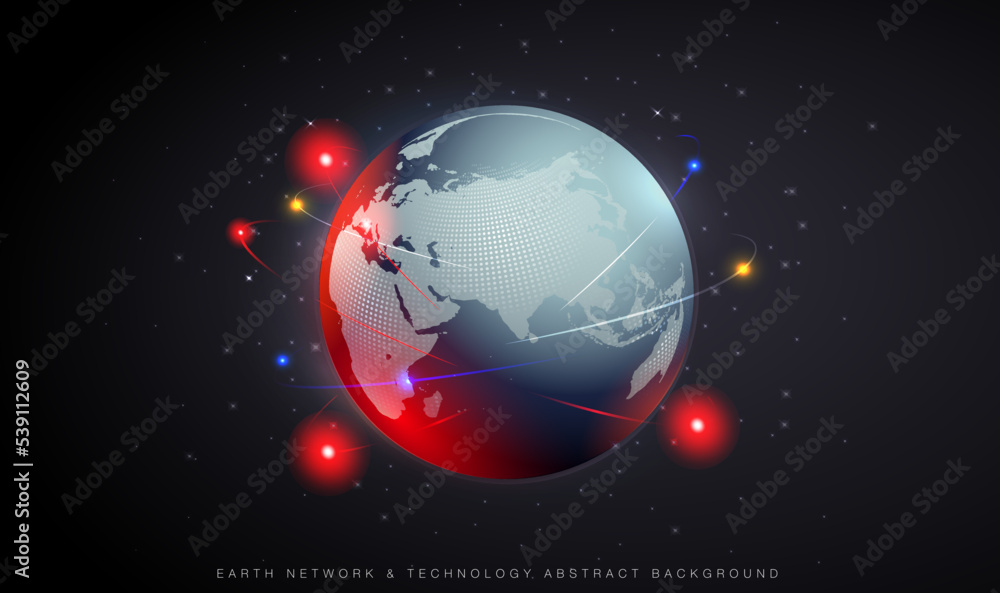 Blue Earth globe. World map set. Planet with continents. Vector Illustration. dark background