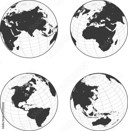 Earth wireframe flat globe icons. earth hemispheres with continents. vector world map set.