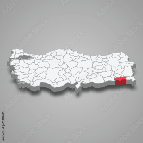 Sirnak region location within Turkey 3d map photo