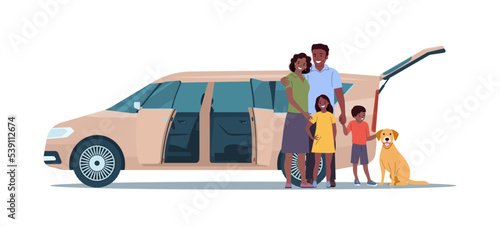 A family of dark skin people with children standing next to their minivan car. Vector illustration.