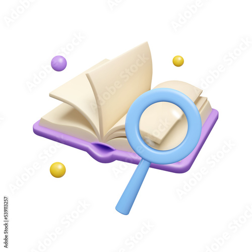 3d search icon. Magnifying glass with open book vector render illustration, isolated on white background