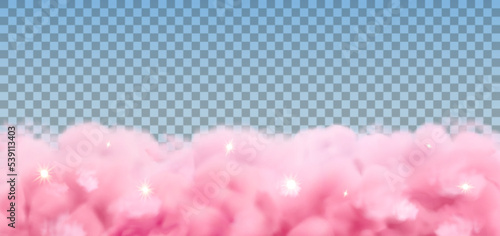 Pink clouds background. Vector realistic dreamy sky with stars. Above the clouds in sunny heaven, web banner template of dawn or dusk