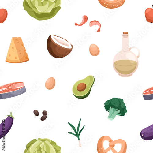 Healthy food pattern. Seamless background design with groceries, vitamin nutr...