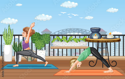 Couple doing yoga outdoor scene