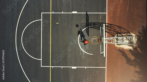 Top view, basketball court or man scoring goals in fitness workout, training or exercise for health, wellness or heart cardio. Sports, energy or basketball player in winner game, math or competition