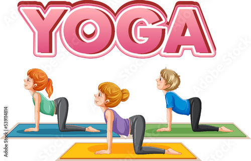 People practicing yoga with text