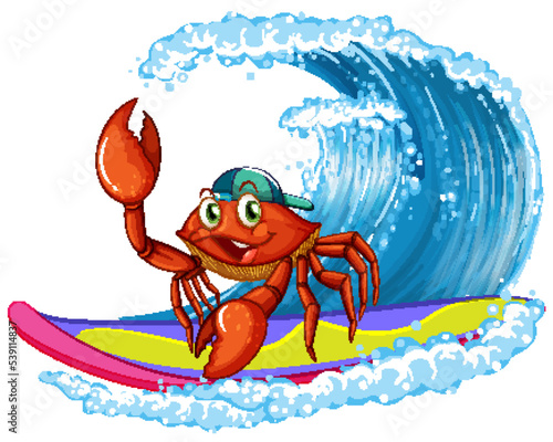 Cute crab cartoon character surfing