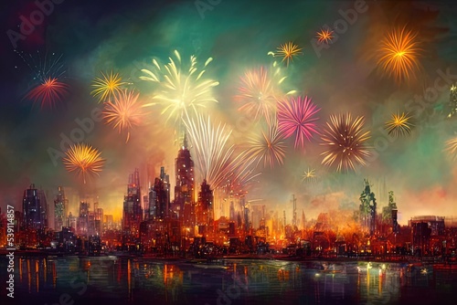 Realistic colorful explosion of fireworks over the night city landscape stylized image generated by artificial intelligence. Holiday concept. 
