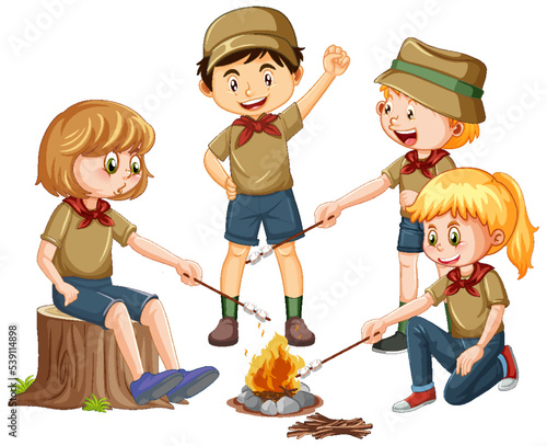 Children roasting marshmallow on white background