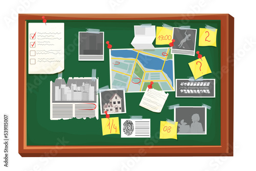 Detective investigation board, work place in cartoon style isolated on white background. Mystery photo, map, police mind plan 