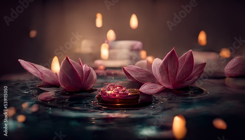 Abstract interior spa background with candles, rose, petals and lotuses. Ai generated.