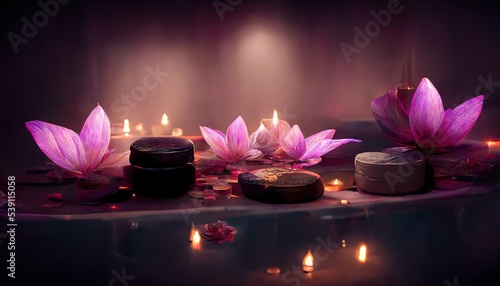 Abstract interior spa  background  with candles, rose, petals and  lotuses.  Ai generated.