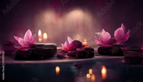 Abstract interior spa  background  with candles  rose  petals and  lotuses.  Ai generated.