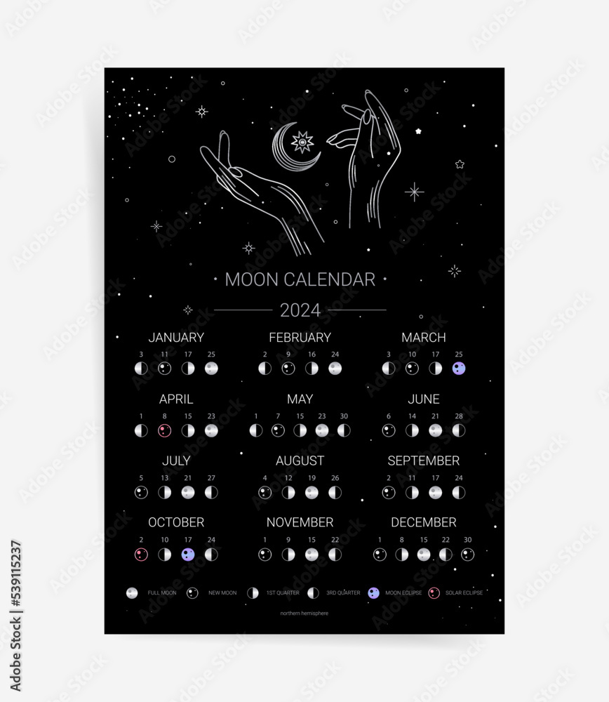 One page black moon calendar 2024 year card. Aesthetic astrology lunar