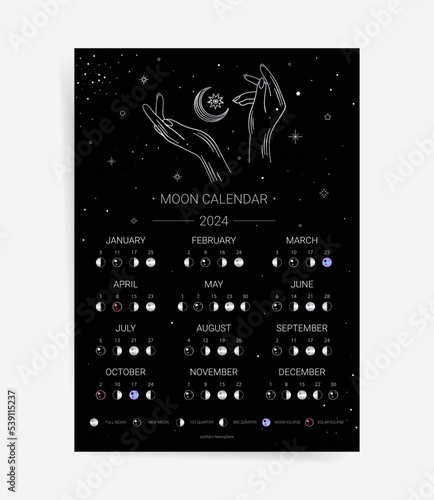 One page black moon calendar 2024 year card. Aesthetic astrology lunar calendar 2024 poster template design. Lunar phases schedule concept. Vector illustration background. Space boho moon calendar.	