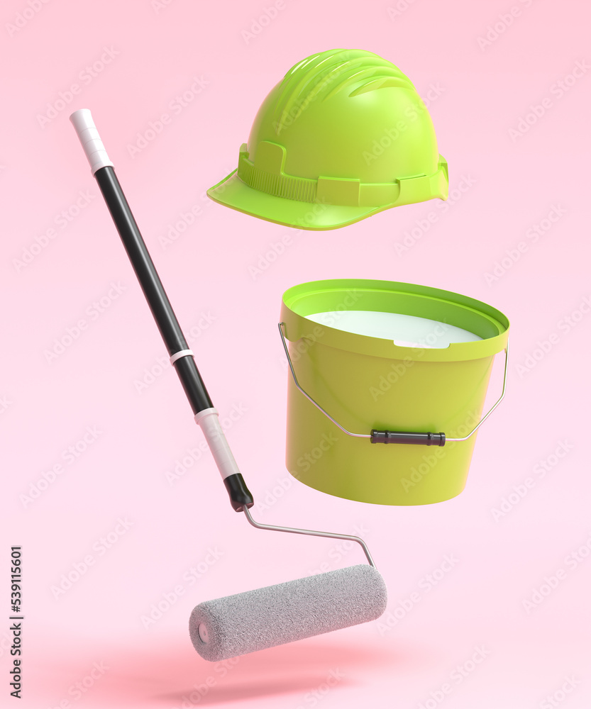 Fototapeta premium Set of safety helmet, bucket with paint rollers and brushes on pink background.
