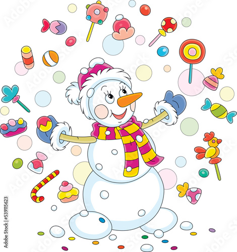 Happy little snowman conjuring funny tricks and juggling with colorful sweets, vector cartoon illustration isolated on a white background