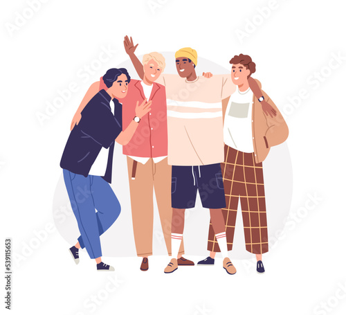 Man friends portrait. Diverse happy bros, young guys buddies standing, laughing together. Men's friendship, male relationship, bromance concept. Flat vector illustration isolated on white background
