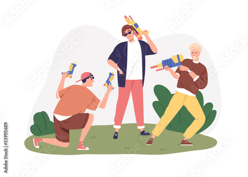 Happy men friends playing toy guns together. Fun and joy game of guys kidults. Young male buddies fooling around, kidding at leisure time. Flat vector illustration isolated on white background