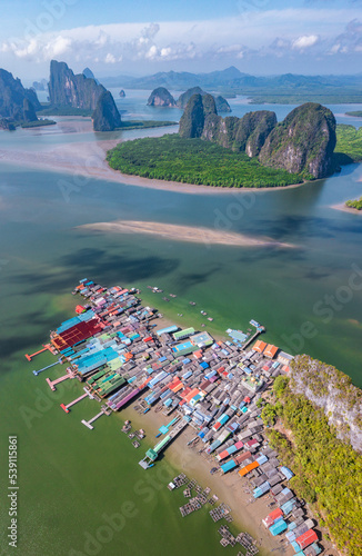 Aerial view of Ko Panyi or Koh Panyee muslim fishing village in Phang Nga Province, Thailand photo