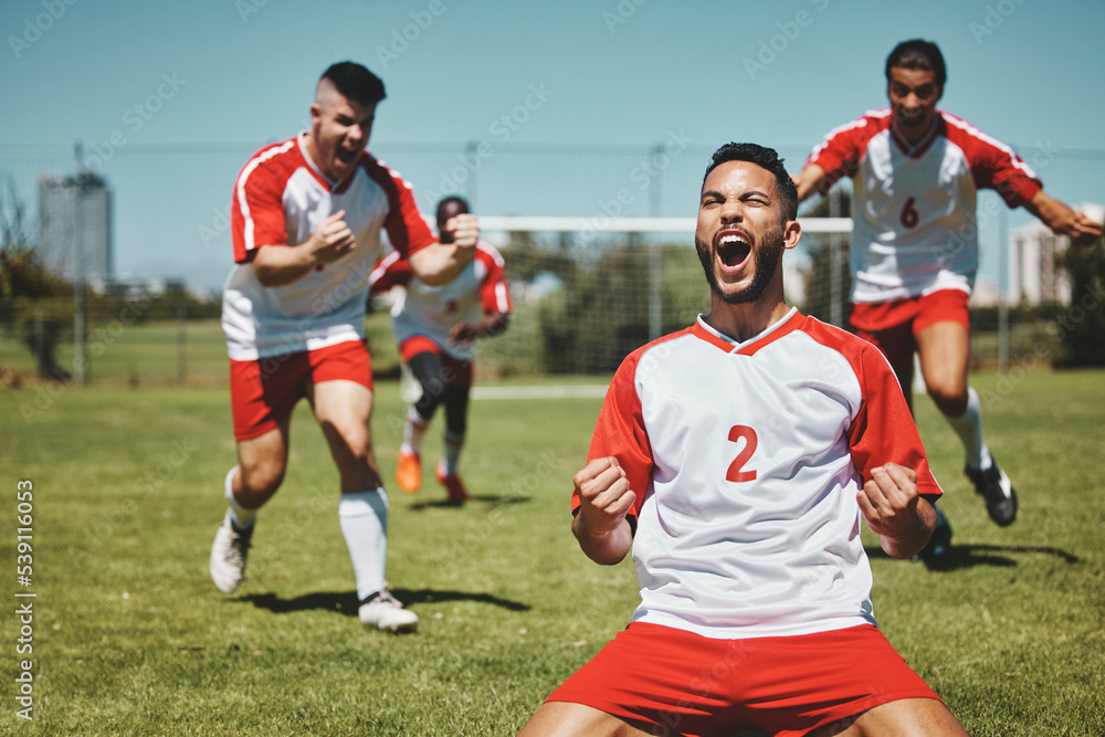 Team Success And Winner By Soccer Player Celebration During Game At 