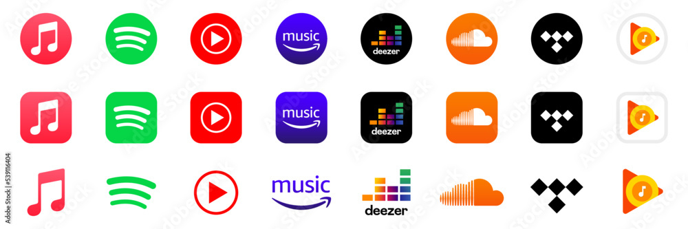 Apple Music Spotify Youtube Music Deezer Soundcloud Amazon Music Tidal Logo Set Popular