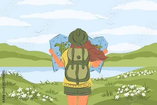 Traveler go on the map along the scenic tourist route. Woman with backpack and map world in her hands ready for traveling. Travel concept, hiking tour, activity holiday. Vector illustration