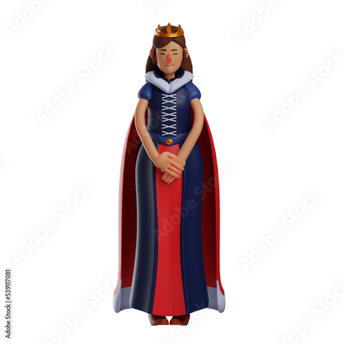 3D illustration. 3D Queen character cartoon image with bow pose. both hands put forward. showing a sad expression. 3D Cartoon Character