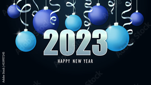 Happy new year 2023. Christmas blue and cyan balls and silver serpentine. Vector illustration.