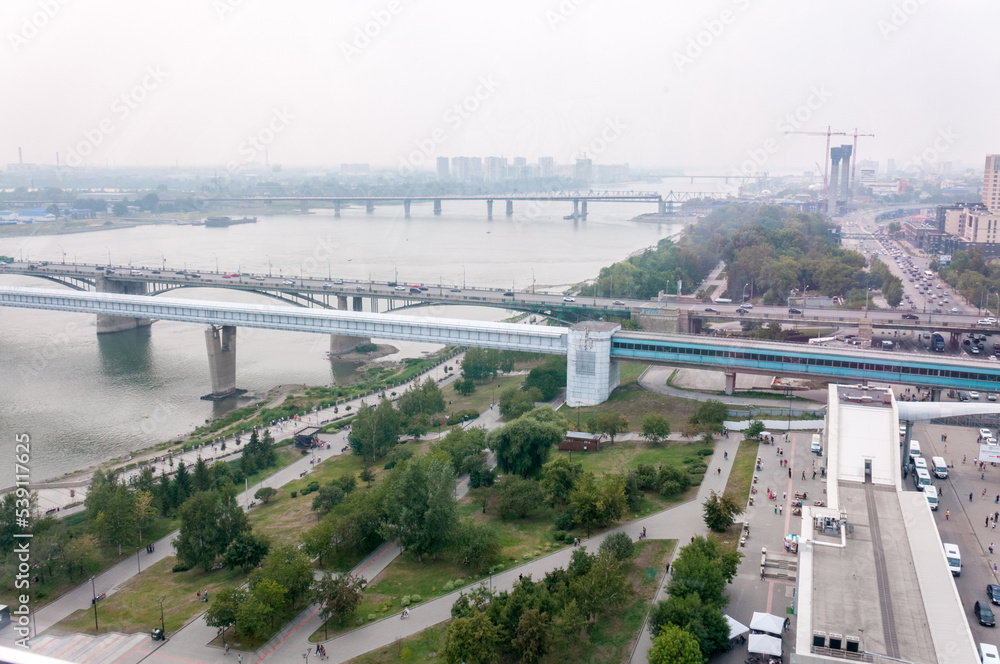Novosibirsk, Russia, August 2022: Bridge over the Ob River in summer in Novosibirsk
