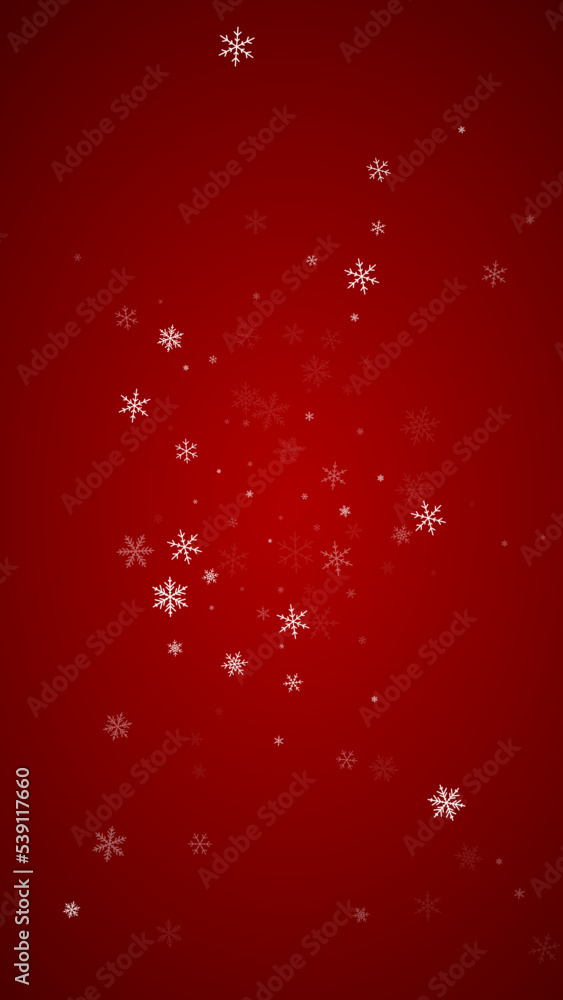 Falling snowflakes christmas background. Subtle flying snow flakes and stars on christmas red background. Beautifully falling snowflakes overlay. Vertical vector illustration. Falling snowflakes christmas background. Subtle flying snow flakes and stars on christmas red background. Beautifully falling snowflakes overlay. Vertical vector illustration.