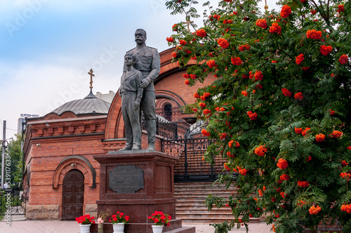 Novosibirsk, Russia, August 2022: Monument to Tsar Nikolai Alexandrovich and heir Tsarevich Alexei near the Cathedral in the name of Alexander Nevsky