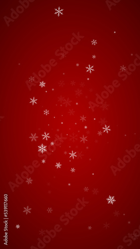 Falling snowflakes christmas background. Subtle flying snow flakes and stars on christmas red background. Beautifully falling snowflakes overlay. Vertical vector illustration.