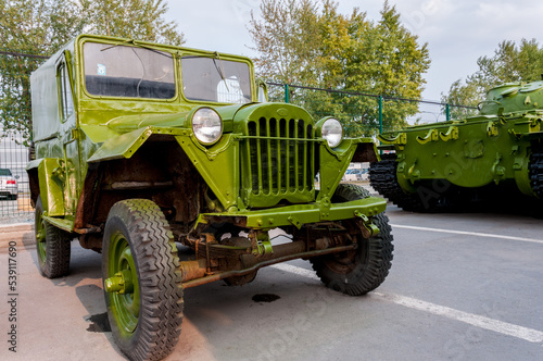 Novosibirsk, Russia, August 2022: Retro military car at the Museum of the USSR in Novosibirsk in the summer