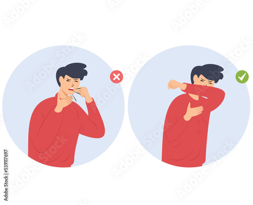 flat design the right way to cough and sneeze.  coughing covered mouth by arm
