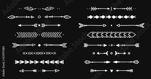Mexican arrow hand drawn chalkboard element set. African, aztec rustic ethnic arrow, ornament divider. Tribal boho decor design. Vector illustration.
