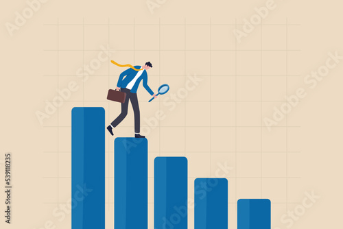 Business decline, loss or profit reduction, investment forecast of economic recession, negative return, price drop or financial downturn concept, businessman analyze declining bar graph and chart.