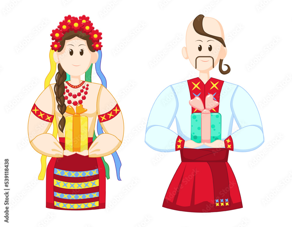 Characters Ukrainians man and woman with gifts in their hands.