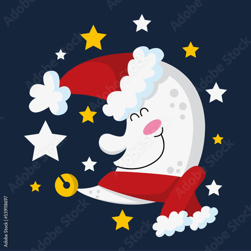Illustration of the sleeping moon with Santa's hat and scarf