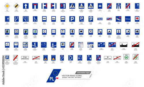 Polish road information signs - vector with shield, name and description of the sign. Informing on the sign Poland. European standard. Znak drogowy Vector Pack 4 | Polskie znaki drogowe informacyjne